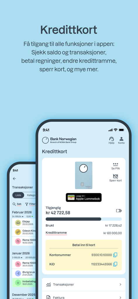 Bank Norwegian mobile app interface displaying credit card balance spending limit and transaction history