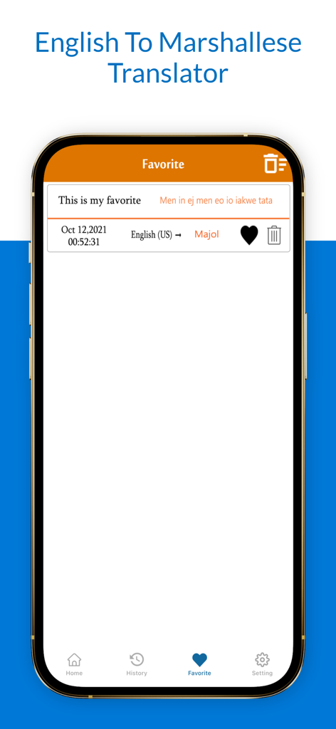A screenshot of the favorites screen in the English Marshallese Translator app displaying a saved translation from English to Marshallese