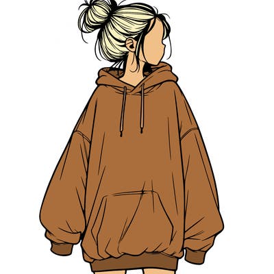 realistic girl with a oversized sweatshirt on and a bun