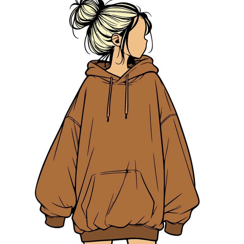 realistic girl with a oversized sweatshirt on and a bun
