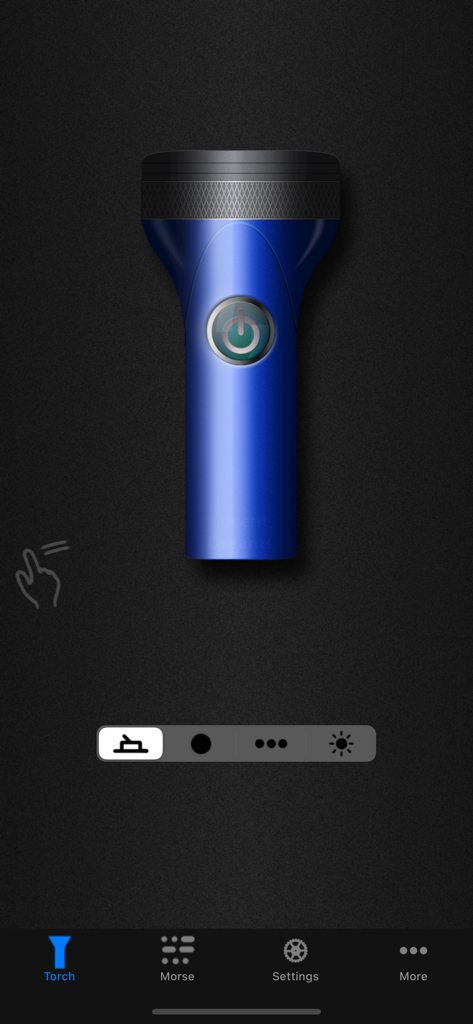 Flashlight & Morse Utility - 青いデジタル懐中電灯とナビゲーションメニューが表示された懐中電灯＆モールス信号ユーティリティアプリのインターフェイス