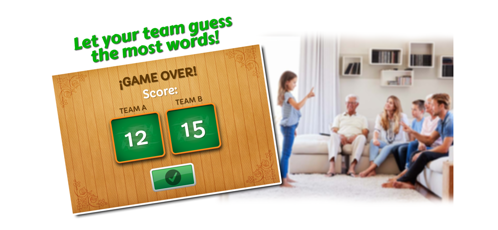 Pantalla de fin de juego que muestra las puntuaciones de los equipos junto a una familia jugando a las charadas