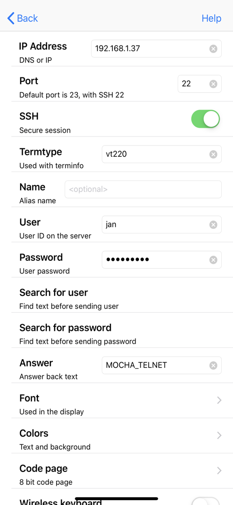 Mocha Telnet host configuration screen with fields for IP address SSH and terminal type