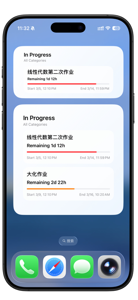 Liquid Deadline - iPhone home screen showing Liquid Deadline app widgets with task progress bars and remaining time countdowns.