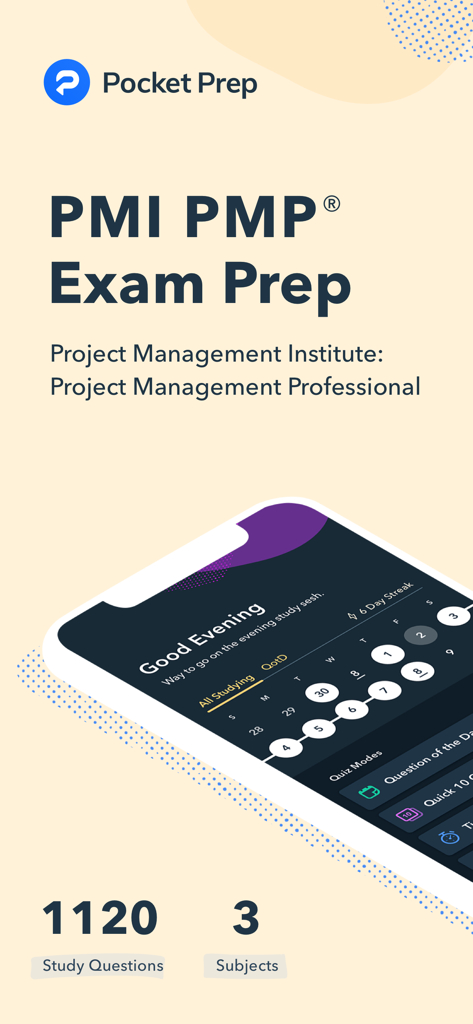Pocket Prep PMP 2026 - Pocket Prep PMP Exam Prep app interface showing study dashboard and practice questions