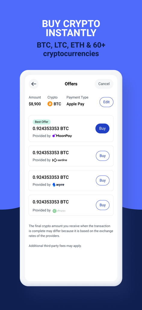 Interfaz de la aplicación BitPay que muestra varias ofertas de compra de criptomonedas de diferentes proveedores usando Apple Pay.