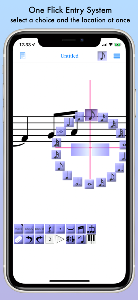 iWriteMusic app interface demonstrating the one flick entry system for quick music notation on a smartphone.