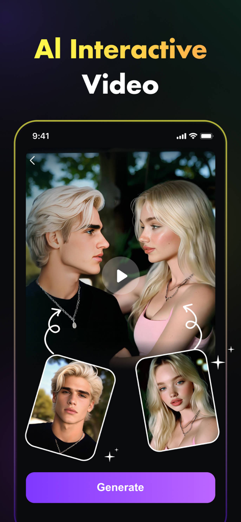 Visto: AI Video Photo Creator - Interface of the Visto app showing how to create an AI interactive video using two portrait photos
