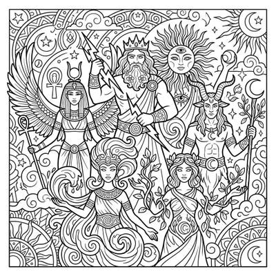 Dive into ancient lore with this captivating coloring page featuring powerful gods and goddesses from various mythologies. Bring these divine beings and their mystical realm to life with your favorite colors.