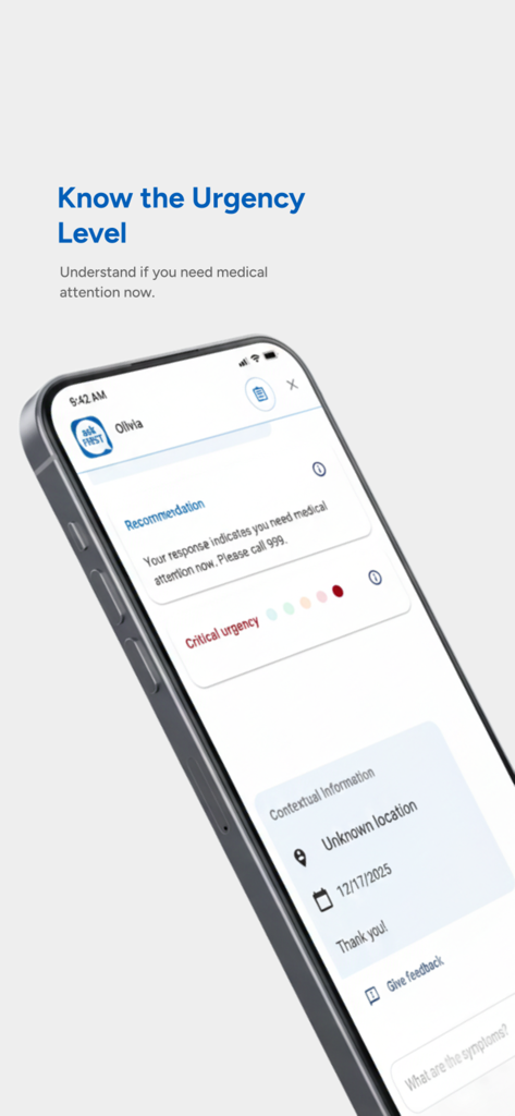 AskFirst app screen showing medical urgency level and recommendation