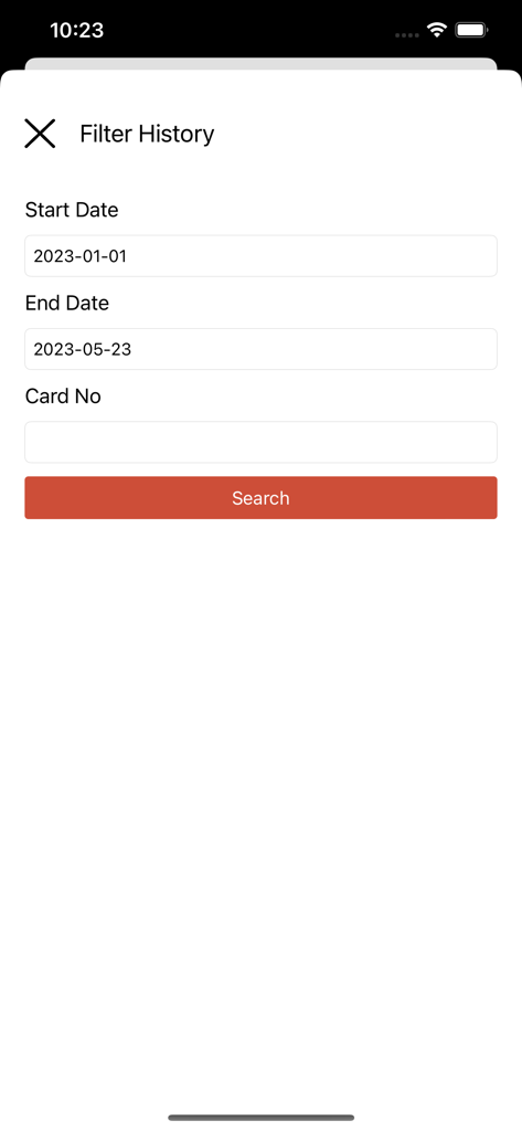 MAP EDS mobile app interface showing a filter history screen with fields for start date, end date, and card number with a search button.
