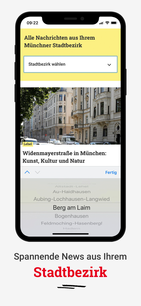 Abendzeitung München - Abendzeitung München app interface showing local news selection for Munich city districts