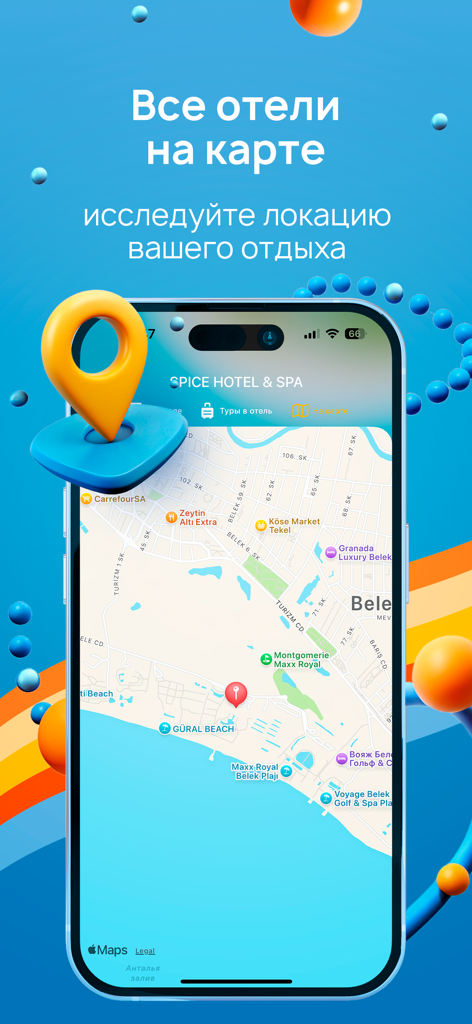 Smartphone displaying a map with several hotel locations in the Coral Travel mobile app