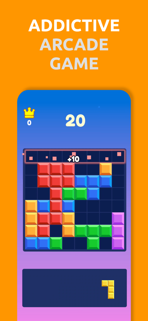 Block Legends Puzzle - 블록 레전드 퍼즐의 아케이드 게임 플레이 스크린샷으로, 쌓인 블록과 '중독성 있는 아케이드 게임'이라는 텍스트가 있는 화려한 그리드를 보여줍니다.