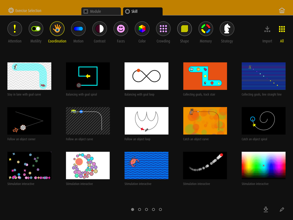 dob plus – Visual Perception - dob plus 앱의 훈련 선택 화면으로 시각 협응 기술 및 훈련 모듈을 강조합니다.