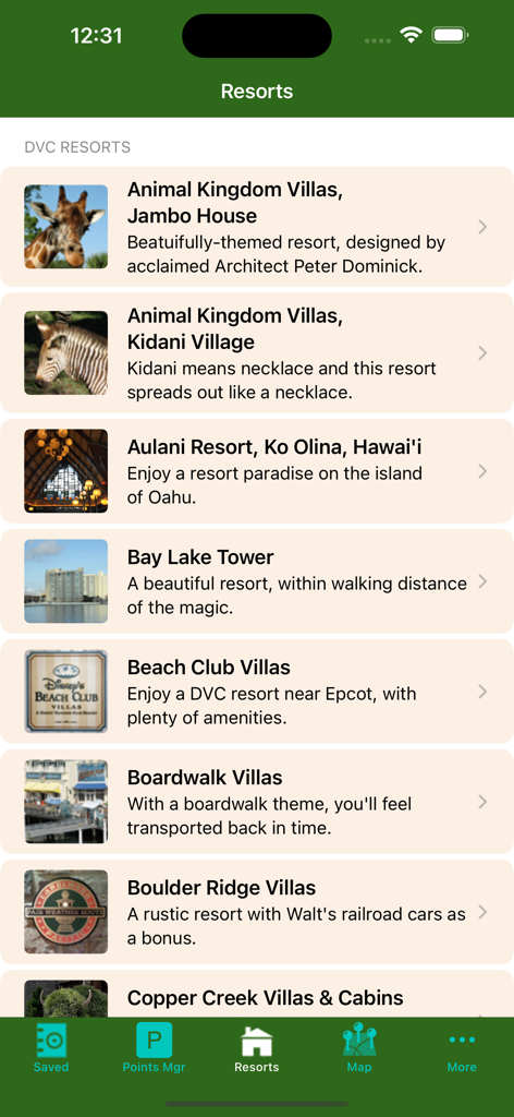 A list of Disney Vacation Club resorts within the DVC Planner mobile app