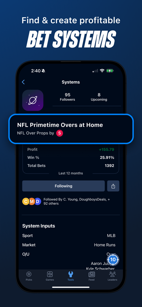 BettingProsアプリのインターフェース。収益性の高いスポーツベッティングシステムとパフォーマンス分析を表示。