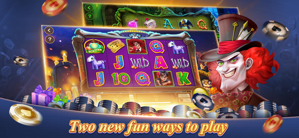 Slot machine mini-game in Texas Poker featuring a Day of the Dead theme and a Mad Hatter character