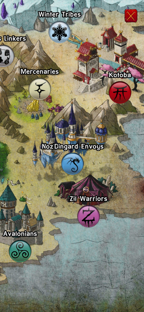 Eredan Arena - Mappa del mondo di Eredan Arena che mostra diverse posizioni e icone di gilde