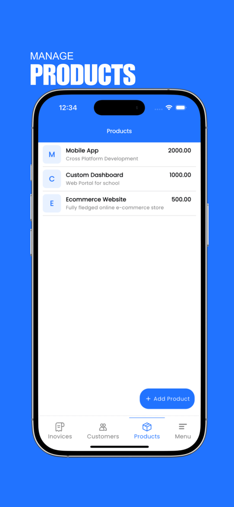 A tela de gerenciamento de produtos no aplicativo Fatura Profissional mostrando uma lista de serviços e seus preços