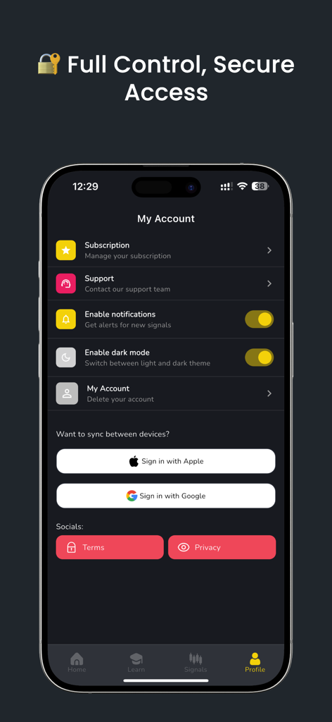 Account settings page of the Pro Trading Signal app featuring secure login and user preferences.