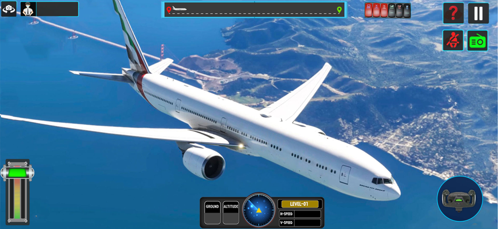 Airplane Flying Simulator Game - Um jato comercial branco voando sobre uma cidade costeira e ponte em um simulador de voo 3D.