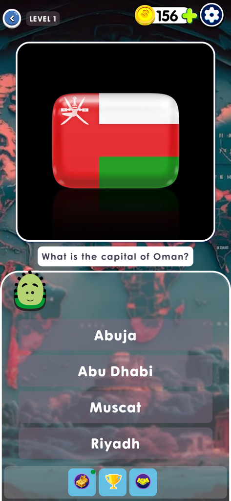World Flags 2026: Brain Game - World Flags 2026 brain game level 1 showing the flag of Oman and asking for its capital city with four multiple choice options