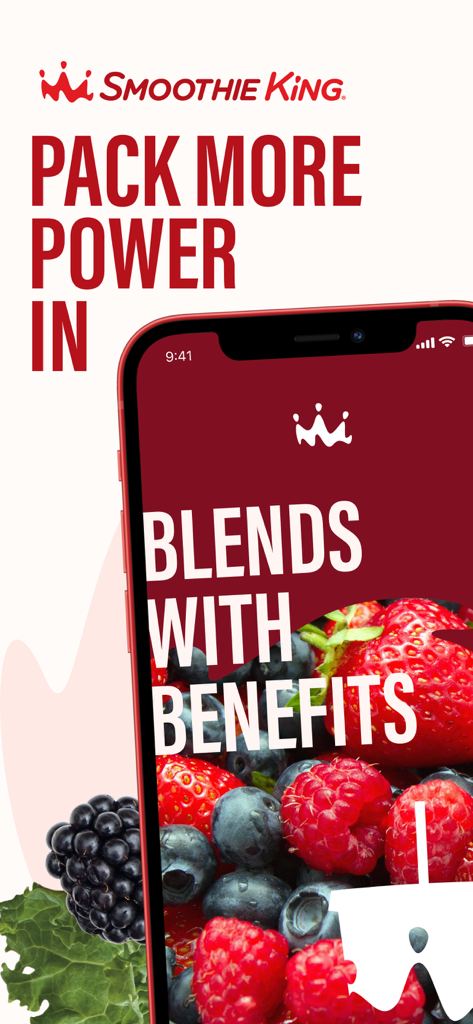 Smoothie King - Smoothie King app promotional screen featuring fresh berries and the slogan Blends with Benefits