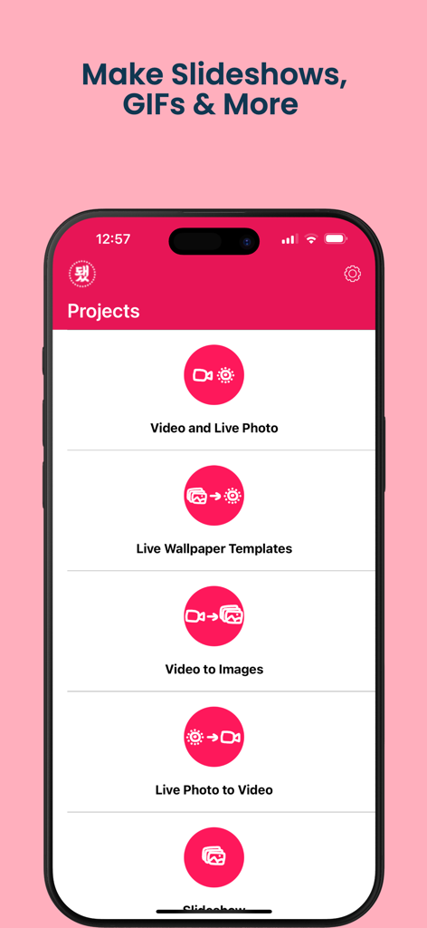 VideoToLive app interface showing menu options for creating live photos videos and slideshows