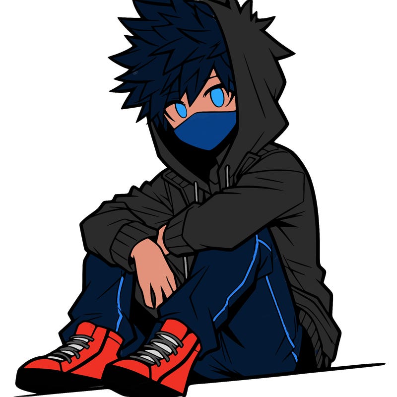 anime boy realistic with spiky hair sitting on a hill wearing a hoodie