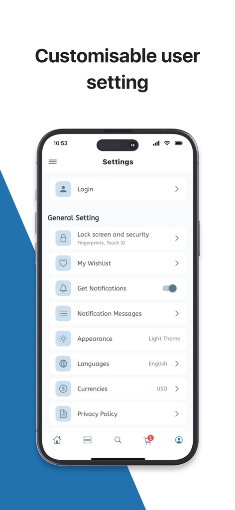 souq 961 - Settings screen of the souq 961 shopping app showing customizable options for language currency and security