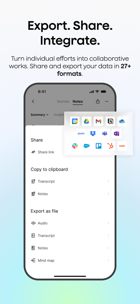 Oberfläche des Plaud KI-Notiznehmers, die Exportoptionen und Integrationen mit beliebten Arbeits-Apps wie Slack und Notion zeigt