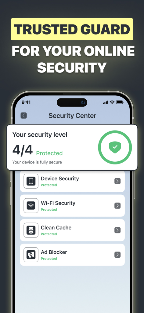 SafeStream VPN Security Center dashboard showing full protection status and security features