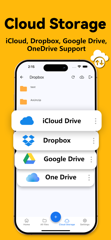 RAR & Zip Extractor - AS Unzip - Oberfläche der AS Unzip-App, die Cloud-Speicherunterstützung für iCloud, Dropbox, Google Drive und OneDrive anzeigt