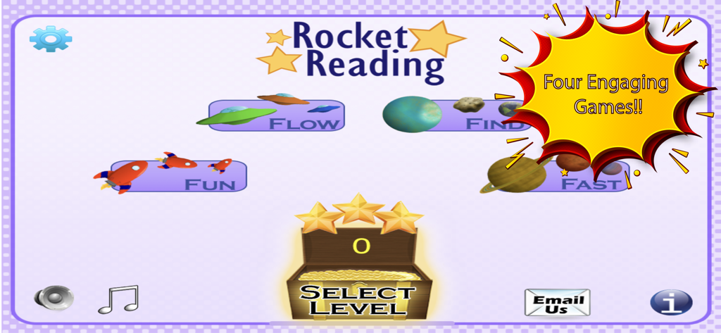 Main menu of Rocket Reading app featuring four space themed educational games titled Flow Find Fun and Fast