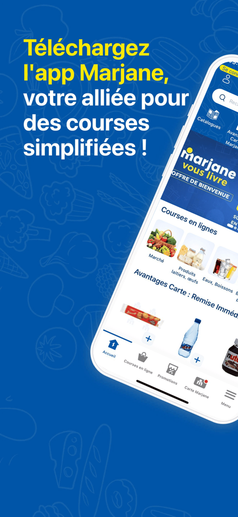 Marjane - Marjane mobile app interface showing online grocery categories and simplified shopping features