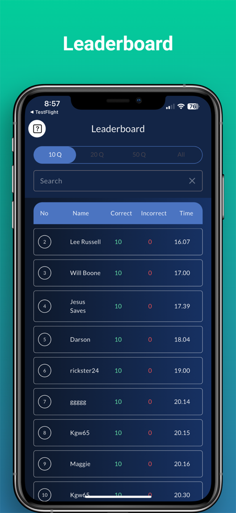 Bible Trivia Quiz - No Ads - Bible Trivia Quiz leaderboard displaying player rankings and scores