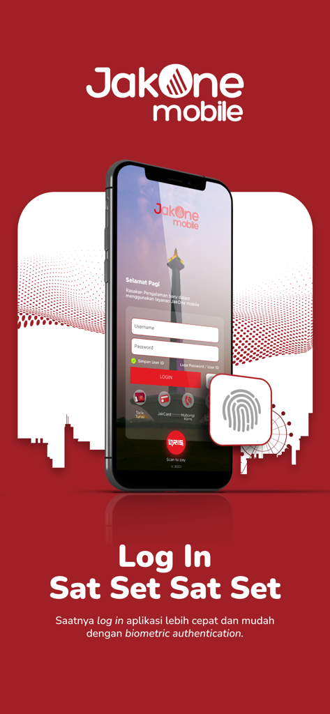 JakOne Mobile app login screen featuring biometric fingerprint authentication for faster access.
