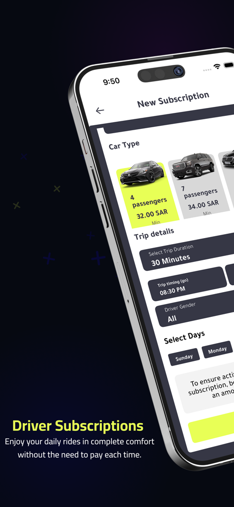 DRV-Driver - Interface of the DRV-Driver app showing how to set up a new daily ride subscription with car type selection and trip timing.