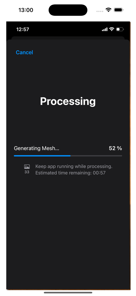 scanbust 3D - Interfaccia dell'app scanbust 3D che mostra la schermata di elaborazione della generazione della mesh con una barra di avanzamento e tempo stimato