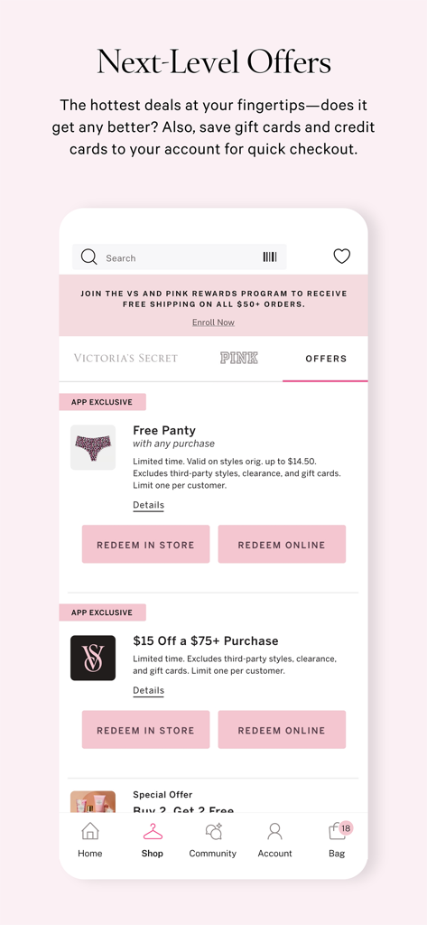 Interface do aplicativo Victoria's Secret mostrando ofertas de compras exclusivas e vantagens do programa de recompensas