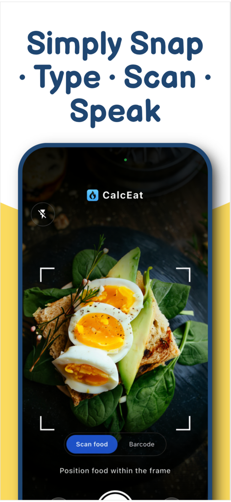 CalcEat - AI Calorie Tracker - Interfaz del escáner de alimentos con IA de la aplicación CalcEat escaneando una comida saludable con huevos y tostadas de aguacate