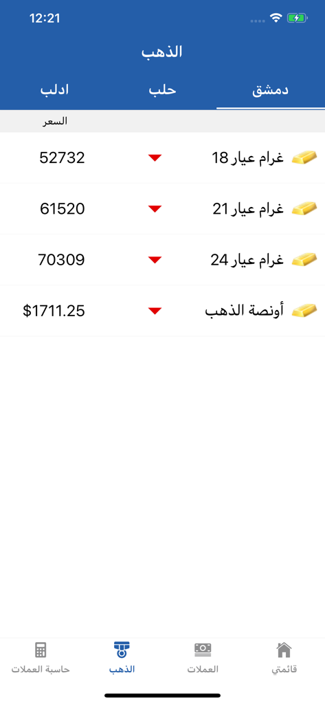 Gold prices screen in the Lira Today app showing rates for 18 21 and 24 karats in Damascus