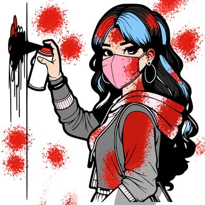realistic girl with mask spray painting a wall