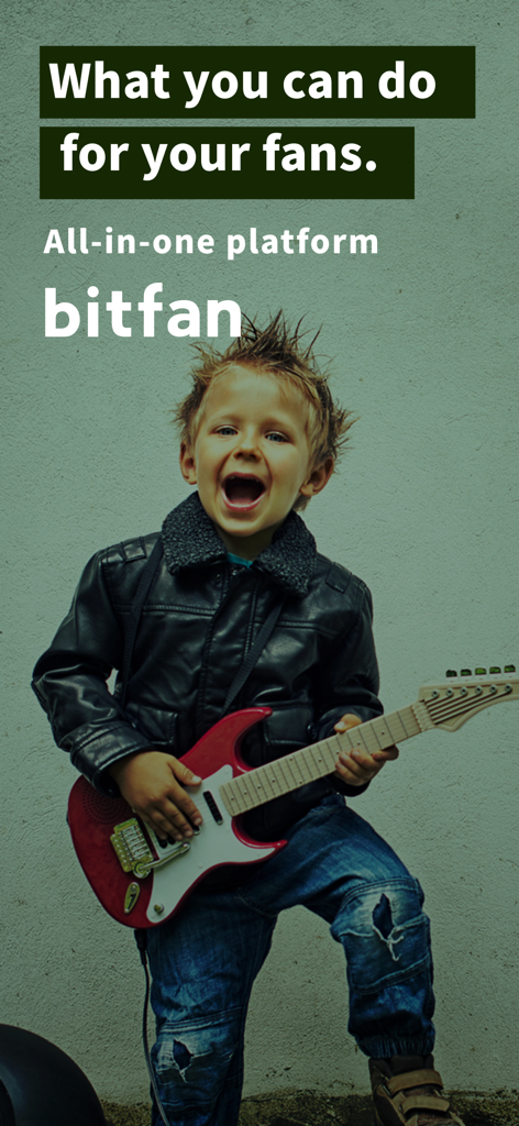 A young boy playing an electric guitar representing a creator on the Bitfan fan platform screen