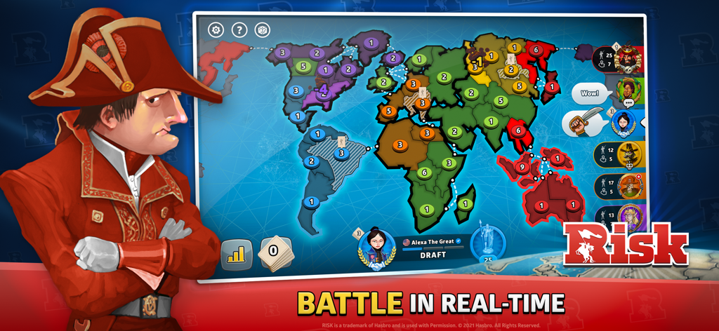 Pantalla del juego móvil oficial de RISK: Dominación Global que muestra un mapa de conquista mundial y estrategia militar