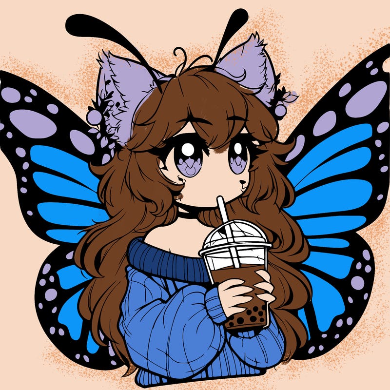 a realistic butterfly/furry girl drinking boba