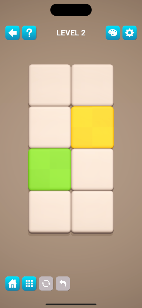 Puzzledom 3D - Minimalist 3D grid puzzle gameplay from Puzzledom 3D showing level 2 with colored tiles.