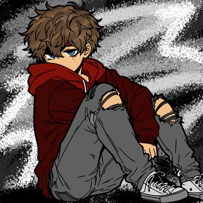 a male hoddie ripped jeans messy hair anime