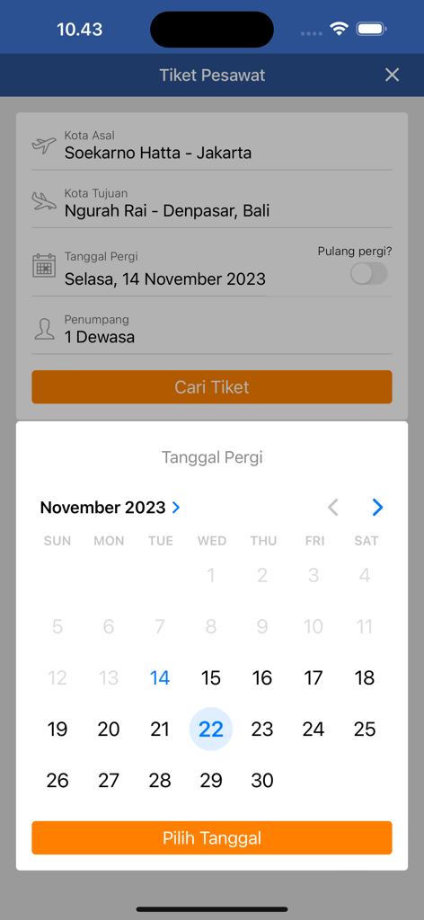 Interface de busca de voos do app Hotel Murah mostrando uma viagem de Jacarta para Bali com um seletor de datas.